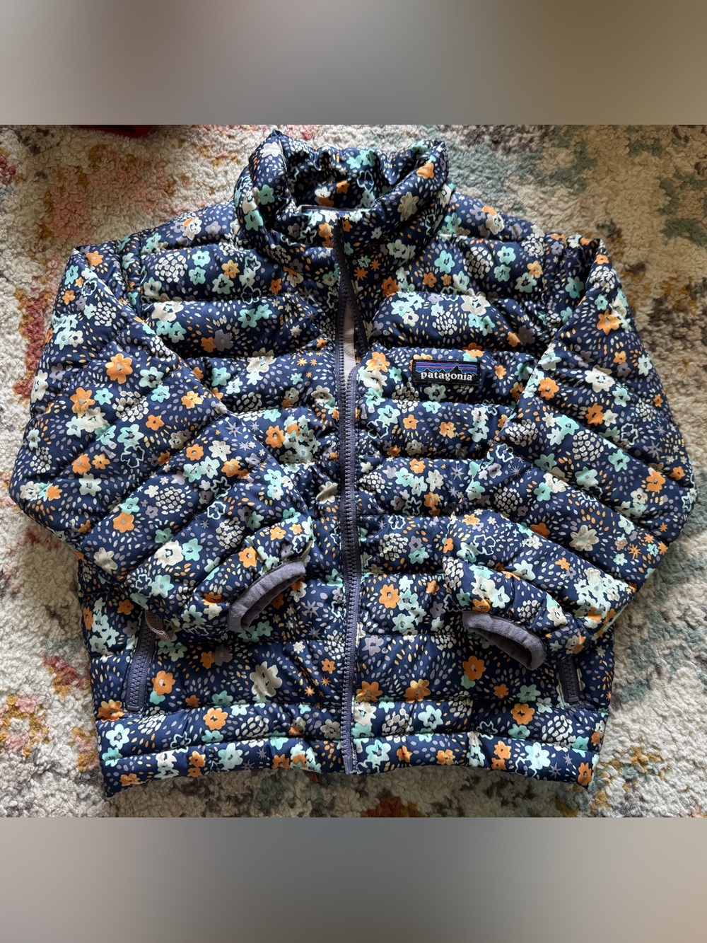 Patagonia Kids Floral Puffer Jacket - Navy with Orange & Light Blue Flowers
